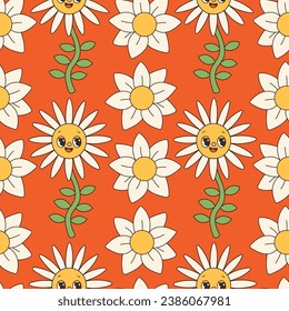 Flores gruesas sin costura. Los retro 70 con la cara sonriente flores elementos gráficos aislados. Flores retro vintage