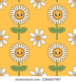 Groovy flowers seamless pattern. Retro 70s smiling face flowers graphic elements isolated. Retro vintage flowers