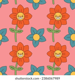 Flores gruesas sin costura. Los retro 70 con la cara sonriente flores elementos gráficos aislados. Flores retro vintage