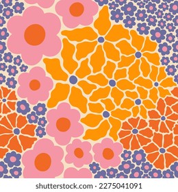 Groovy Flowers Seamless Pattern  Trendy Naive Floral Vector Background in 1970s Hippie Retro Style for Print Fabric Wrapping Paper  Web Design   Social Media  Orange  Pink   Blue Color 
