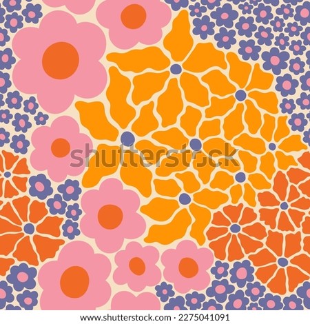 Groovy Flowers Seamless Pattern. Trendy Naive Floral Vector Background in 1970s Hippie Retro Style for Print on Fabric Wrapping Paper, Web Design and Social Media. Orange, Pink and Blue Color. Foto d'archivio © 