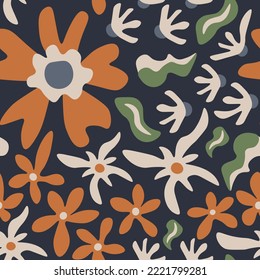 Groovy flowers seamless pattern vector. Cozy elegant floral background with cut out liquid flowers on black backdrop. Aesthetics botany ornament for greeting card, textile