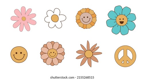 Groovy flowers set. Retro 70s smiling face flowers graphic elements isolated collection. Hippie, peace, flower power simple linear style Groovy decorative vector illustration. Retro vintage flowers.