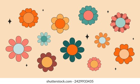 Groovy flowers set. Retro 70s. Vintage flowers in hippie style. Elements for design of poster, flyer, scrapbooking, clothing. Vector illustration.