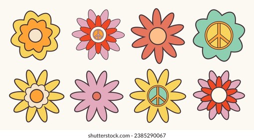 Groovy flowers set. Simple vintage flower.