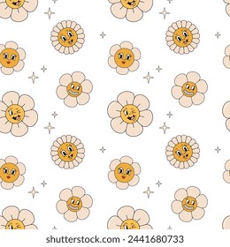 Groovy flowers in trendy retro psychedelic style. Seamless pattern.