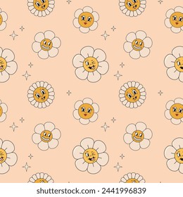Groovy flowers in trendy retro psychedelic style. Seamless pattern.