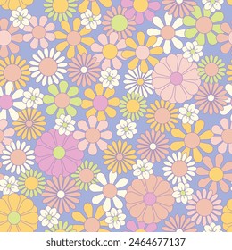 Groovy flowers vector illustration, hippie aesthetic. Psychedelic wallpaper. Colorful floral seamless pattern. Funny multicolored print for fabric, paper, any surface design.