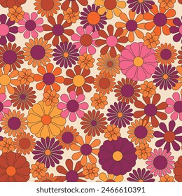 Groovy flowers vector illustration, hippie aesthetic. Psychedelic wallpaper. Colorful floral seamless pattern. Funny multicolored print for fabric, paper, any surface design.