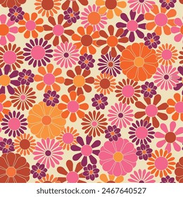 Groovy flowers vector illustration, hippie aesthetic. Psychedelic wallpaper. Colorful floral seamless pattern. Funny multicolored print for fabric, paper, any surface design.