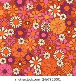 Groovy flowers vector illustration, hippie aesthetic. Psychedelic wallpaper. Colorful floral seamless pattern. Funny multicolored print for fabric, paper, any surface design.