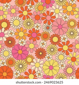 Groovy flowers vector illustration, hippie aesthetic. Psychedelic wallpaper. Colorful floral seamless pattern. Funny multicolored print for fabric, paper, any surface design.