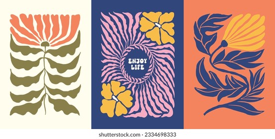 Afiche de ilustraciones vectoriales de flores de Groovy con cita estética