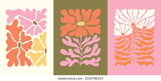 Groovy flowers vector illustration set