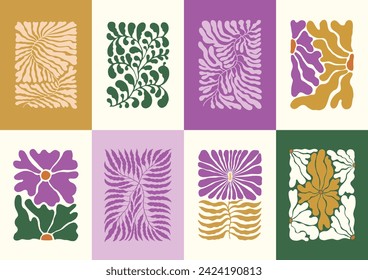 Groovy flowers vector illustration set. Botanical illustrations for wallpaper, banner, postcard, poster, wall art