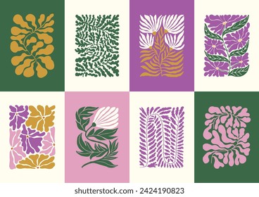 Groovy flowers vector illustration set. Botanical illustrations for wallpaper, banner, postcard, poster, wall art