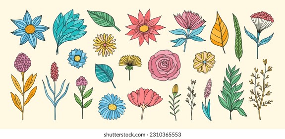 Groovy flowers vector set. Hippie floral elements. 70s groovy hippie nature clipart. Retro groovy stickers. Psychedelic funky 60s 70s doodles. Set of retro cartoon flower stickers.