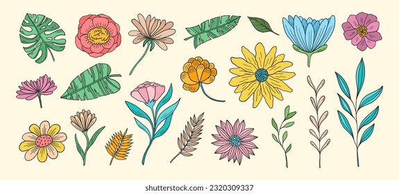 Juego de vectores de flores Groovy. Elementos florales hippie. Clipart de la naturaleza hippie groovy de los años 70. Pegatinas retro groovy. Psicodélicos garabatos de los años 60 y 70. Conjunto de pegatinas retro de flores de dibujos animados.