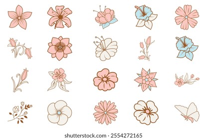 Groovy flowers vector set. Hippie floral elements. 70s groovy hippie nature clipart. Retro groovy stickers. Set of retro cartoon flower stickers.