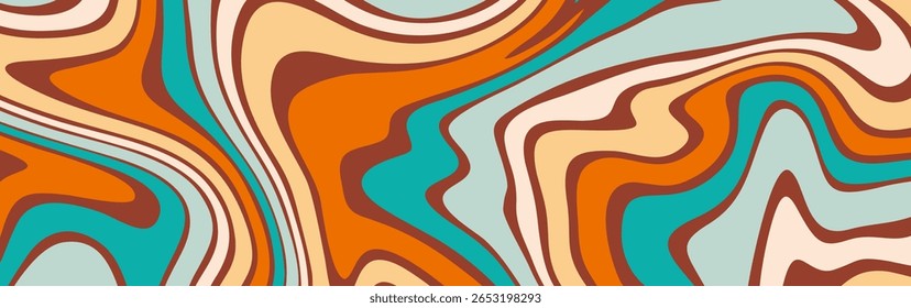 Um fundo abstrato e fluido com redemoinhos psicodélicos em uma paleta de cores retrô dos anos 1970 de laranja, azul-petróleo, marrom e creme.