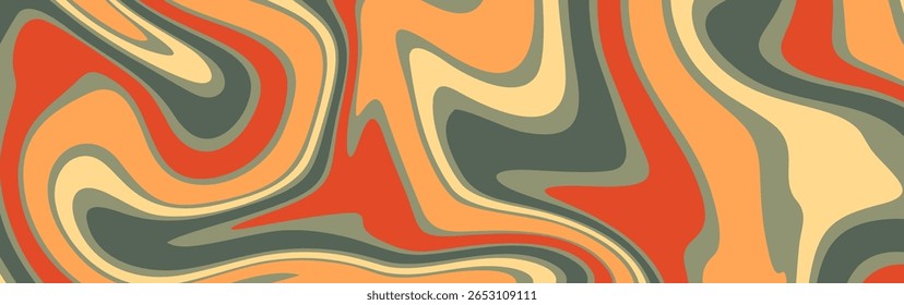 Um fundo abstrato e fluido com um padrão retro de espiral líquido inspirado nos anos 70 em uma paleta de cores quentes e terrosas.