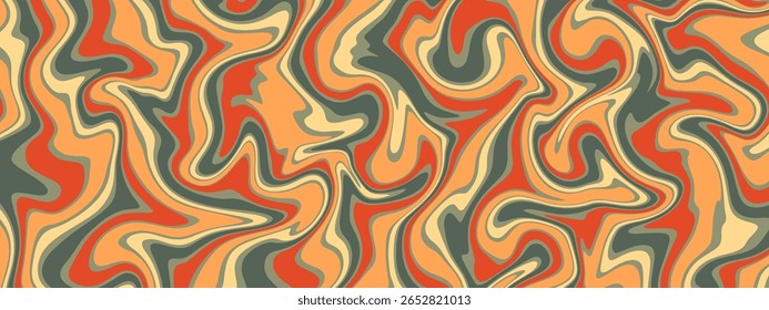 Um padrão abstrato retro groovy e fluido com redemoinhos psicodélicos em uma paleta de cores quente e terra.