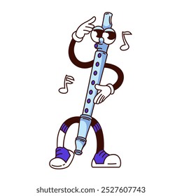 Groovy flauta personagem de desenho animado com notas musicais. Engraçado instrumento musical de vento retro, bonito clarinete assobiando. Woodwind, mascote de concerto, adesivo de flauta de desenhos animados da ilustração vetorial estilo dos anos 70 e 80