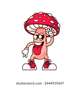 Groovy fly agaric mushroom cartoon character with tongue sticking out. Funny retro amanita with sneakers, hippie peace sign. Crazy mushroom mascot, cartoon sticker of 70s 80s style vector illustration