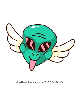 Groovy flying alien head with wings and tongue hanging out. Funny retro green alien face with psychedelic pattern in eyes. Crazy space mascot, cartoon sticker of 70s 80s style vector illustration