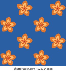 Groovy folk tiny flower in navy blue, orange colours. Oriental exotic floral motif. Minimal allover vector pattern for interior, wallpaper, fabric, textile, phone case. Retro colourful seamless print
