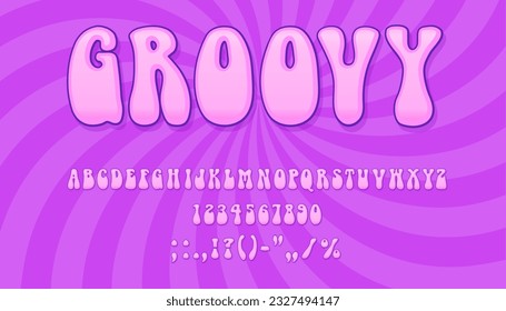 Tipo de letra groovy, groovy, tipo de letra hippie, caracteres vectores de alfabeto funky retro. Letras abc hippy, números y signos de puntuación sobre fondo de patrón espiral púrpura psicodélico, tipografía vintage