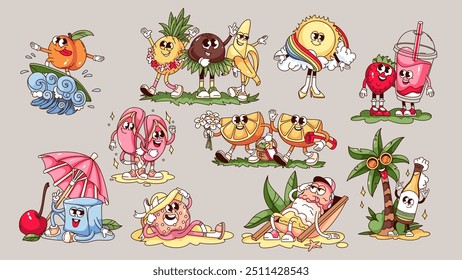 Comida y bebida estupenda, artículos de playa, personajes de dibujos animados en el conjunto de vacaciones de verano. Donut retro divertido y helado, chanclas y cubo de hielo tomando el sol, Ilustración vectorial de pegatinas de fiesta de playa de dibujos animados