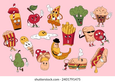 Groovy Food Set. Fastfood-, Dessert- und Frühstückskarte-Kollektion von seltsamen Essensfiguren mit verrückten Comic-Gesichtern, psychedelischen Retro-Aufklebern und Emoji, Cartoon-Vektorgrafik