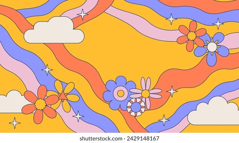 Groovy Frame with colorful flowers, rainbows and clouds with space for text. Magical contour vector illustrations for your as creating card, banner, birthday and summer holidays. Vector illustration,