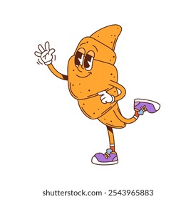 Groovy french croissant cheerful character. Cafe pastry food comical groovy mascot, restaurant sweet croissant childish vector 60s 70s personage. Cafe breakfast dessert cute cartoon character