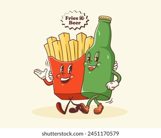 Groovy French Fries and Beer Retro Characters Label. Plantilla de mascota de comida de Vector sonriente caminando de patatas y botellas. Feliz Antiguas Cool Fast Food Ilustración con tipografía. Aislado