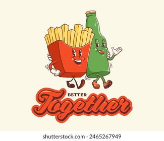 Groovy French Fries and Beer Retro Characters Label. Cartoon Potato and Bottle Walking Smiling Vector Food Mascot Template. Happy Vintage Cool Fast Food Illustration with Typography. Isolated