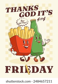 Groovy French Fries and Beer Retro Characters Label. Cartoon Potato and Bottle Walking Smiling Vector Food Mascot Template. Happy Vintage Cool Fast Food Illustration with Typography. Isolated
