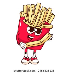 Groovy French fries box cartoon character holding potato chips. Funny retro happy paper container, salty potato snack food for movie mascot, cartoon sticker of 70s 80s style vector illustration