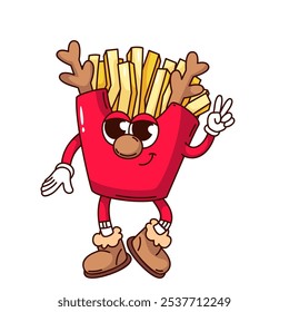 Carácter de dibujos animados de la caja de patatas fritas francesas groovy con gesto de paz y Navidades cornamentas de ciervo. Divertido recipiente de papas fritas retro. Navidades de comida rápida mascota, pegatina de dibujos animados de los años 70 80 Ilustración vectorial