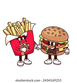 Groovy French fries and burger cartoon characters couple on date. Funny retro fast food couple holding hands together, love and engagement mascot, cartoon sticker of 70s 80s style vector illustration