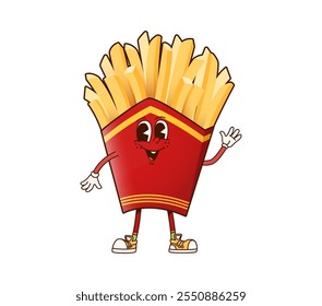 Carácter de comida rápida de patatas fritas francesas estupendas. Vector de dibujos animados aislado sabroso bocadillo de patata en caja de cartón rojo. Personaje retro con amplia sonrisa y ojos felices exuda vibraciones frescas, funky, nostálgicas de los años 60 o 70