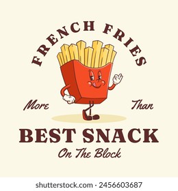 Groovy French Fries Retro Character Label. Cartoon Food Fry Box Package Walking and Smiling. Vector Fastfood Mascot Sign Template. Happy Vintage Cool Personage Illustration. Isolated