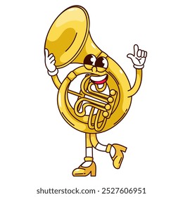 Groovy French horn cartoon character walking with finger up. Funny retro musical brass instrument. Jazz band, music mascot, cartoon happy golden horn sticker of 70s 80s style vector illustration