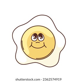 Groovy fried egg emoji vector illustration. Cartoon isolated retro sticker of cute hipsters emoticon with smile on funny yolk face, happy cheerful character, kawaii emoji of protein breakfast food