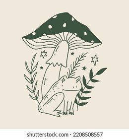 Groovy frog or toad and mushroom vector and jpg printable image, unique boho clipart illustration, goblincore, witchcore, fairycore trendy aesthetic style. Perfect for poster or postcard template, t