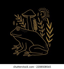 Groovy frog or toad and mushroom vector and jpg printable image, unique boho clipart illustration, goblincore, witchcore, fairycore trendy aesthetic style. Perfect for poster or postcard template, t