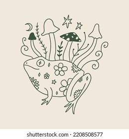 Groovy frog or toad and mushroom vector and jpg printable image, unique boho clipart illustration, goblincore, witchcore, fairycore trendy aesthetic style. Perfect for poster or postcard template, t