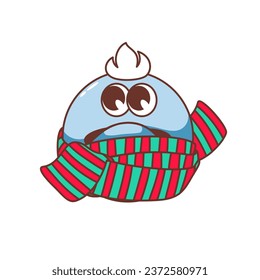 Groovy frozen emoji character vector illustration. Cartoon isolated retro psychedelic sticker of blue sad emoticon wearing warm scarf for cold winter, frosty emoji with funny expression on face