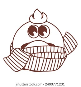 Groovy frozen emoji character vector illustration. Cartoon monochrome retro psychedelic sticker of sad emoticon wearing warm scarf for cold winter, frosty emoji with funny expression on face